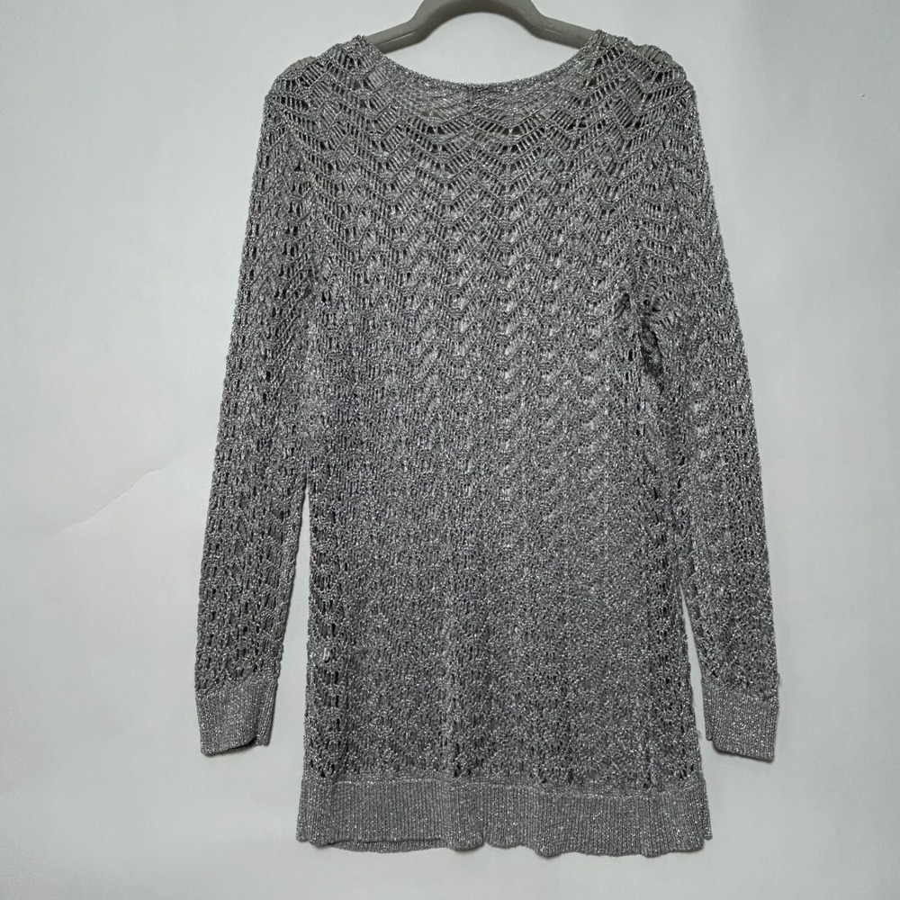 Chico's Metallic Open Knit Top Womens 3 Silver Crochet Tunic Glam Beach Cover Up - Picture 3 of 11
